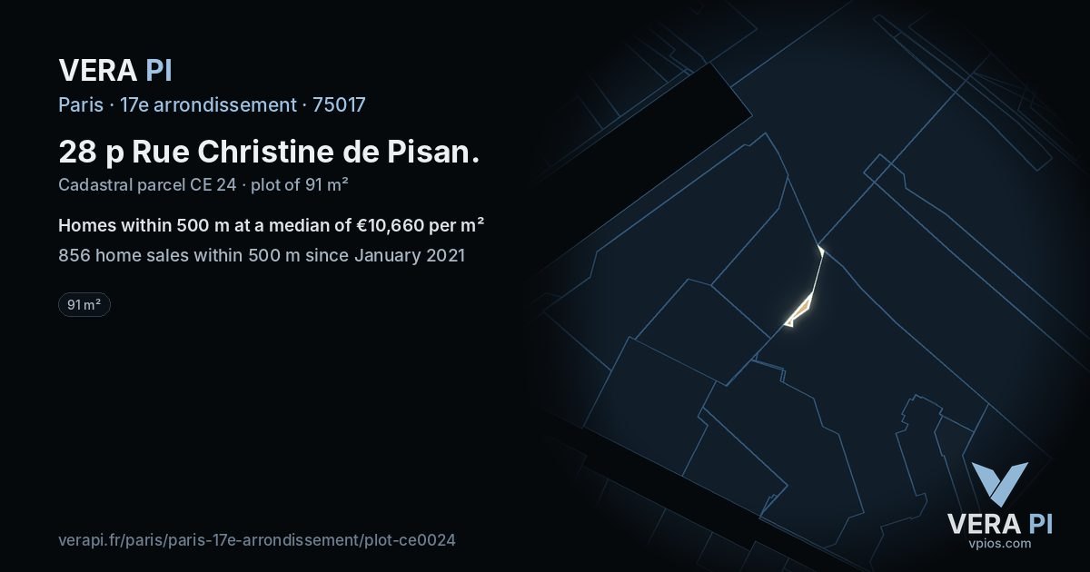 28 p Rue Christine de Pisan, 17e arrondissement at night – the plot lit, the parcels around coloured by the prices near them