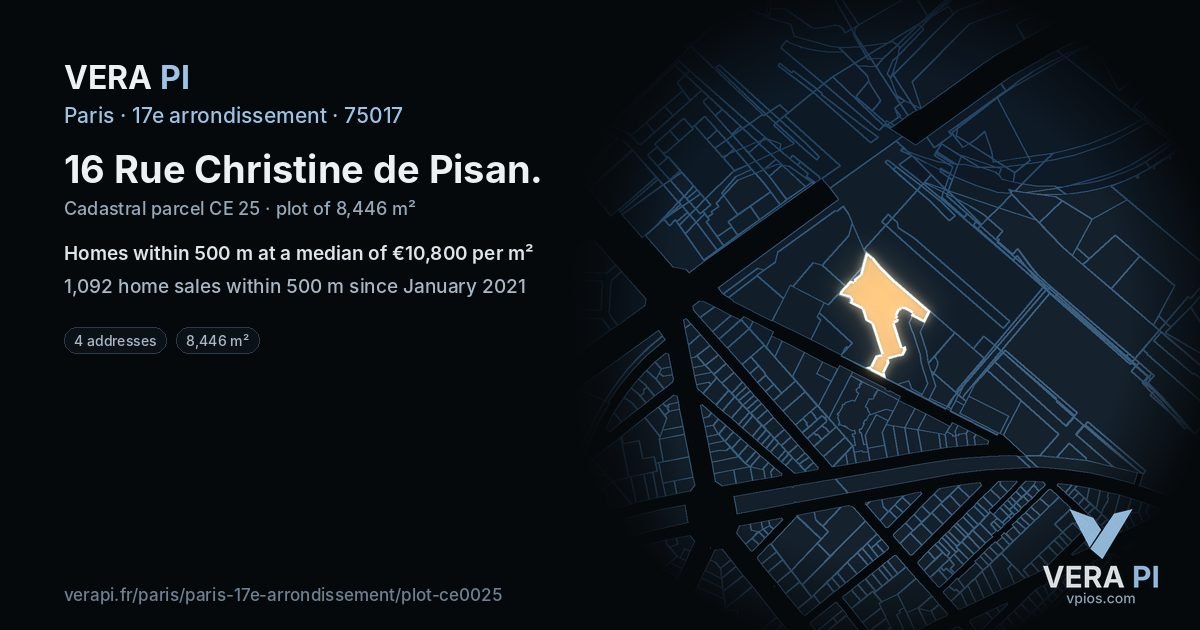 16 Rue Christine de Pisan, 17e arrondissement at night – the plot lit, the parcels around coloured by the prices near them