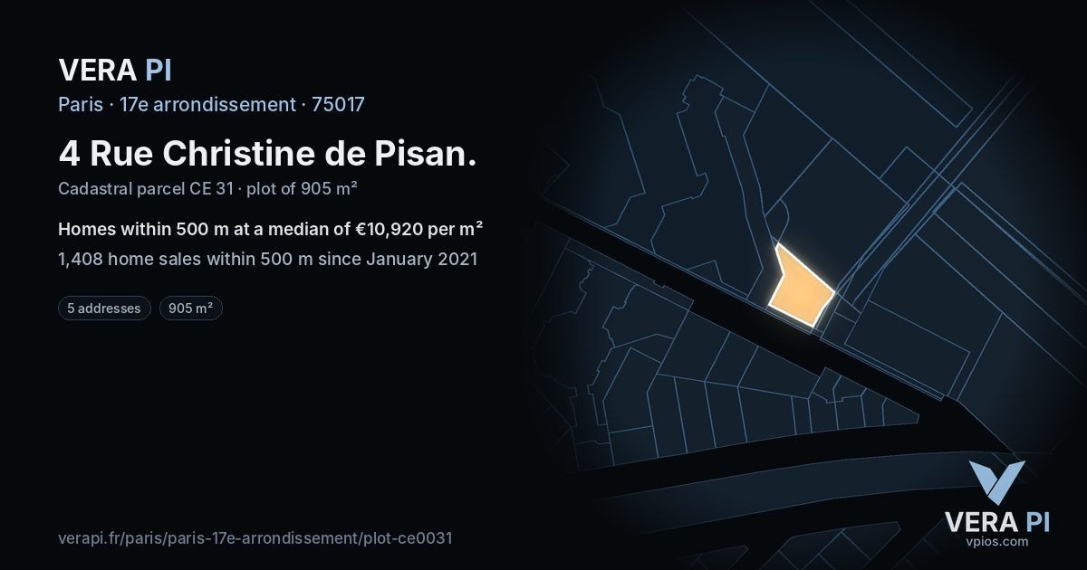 4 Rue Christine de Pisan, 17e arrondissement at night – the plot lit, the parcels around coloured by the prices near them