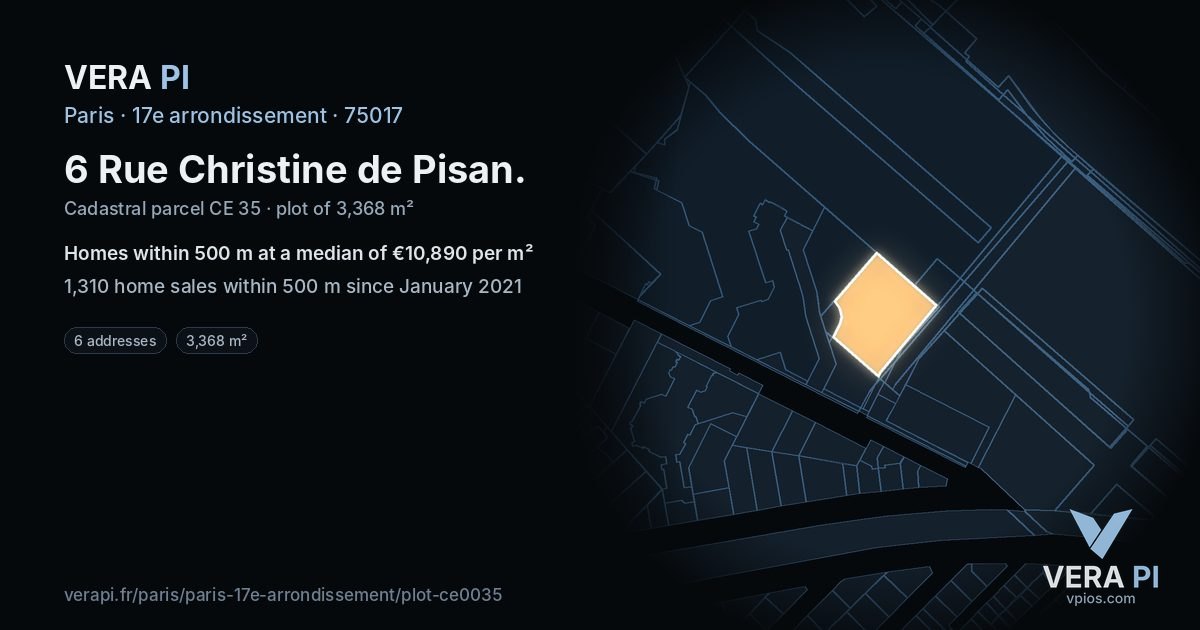 6 Rue Christine de Pisan, 17e arrondissement at night – the plot lit, the parcels around coloured by the prices near them