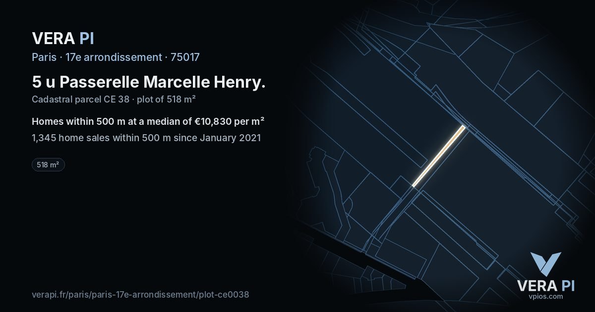 5 u Passerelle Marcelle Henry, 17e arrondissement at night – the plot lit, the parcels around coloured by the prices near them
