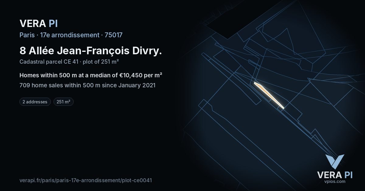 8 Allée Jean-François Divry, 17e arrondissement at night – the plot lit, the parcels around coloured by the prices near them