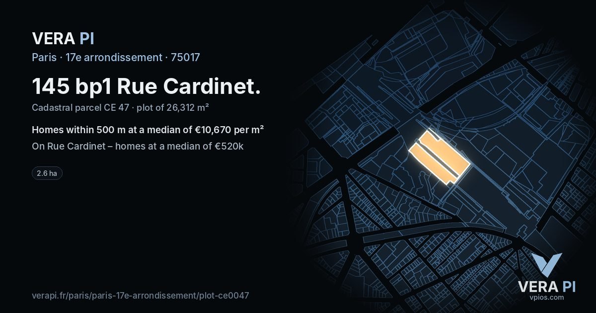 145 bp1 Rue Cardinet, 17e arrondissement at night – the plot lit, the parcels around coloured by the prices near them