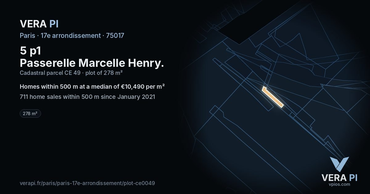 5 p1 Passerelle Marcelle Henry, 17e arrondissement at night – the plot lit, the parcels around coloured by the prices near them