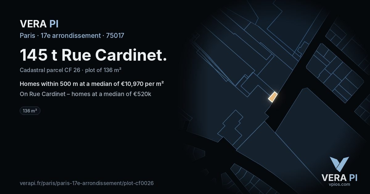 145 t Rue Cardinet, 17e arrondissement at night – the plot lit, the parcels around coloured by the prices near them