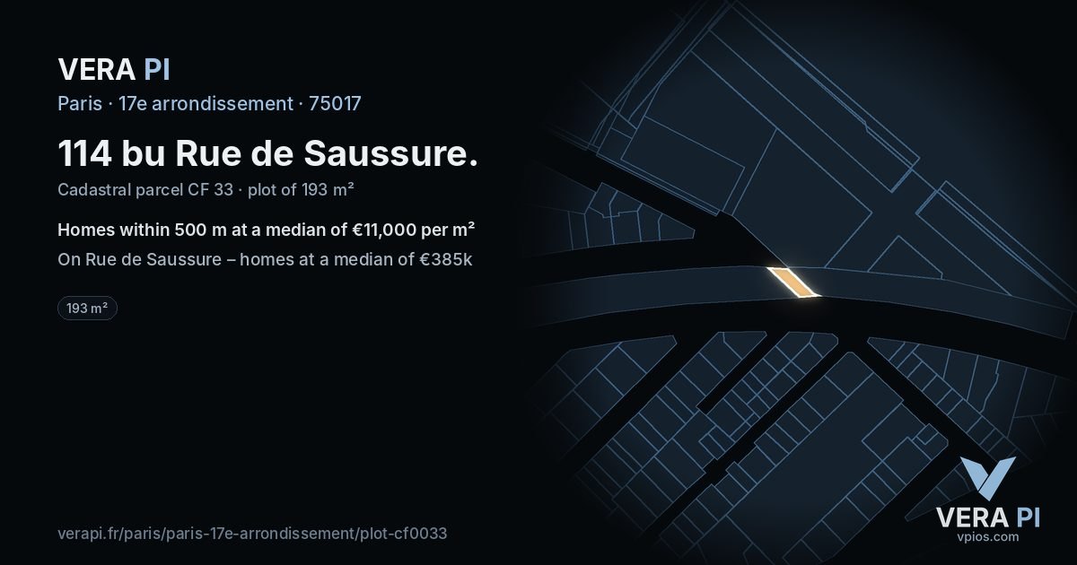 114 bu Rue de Saussure, 17e arrondissement at night – the plot lit, the parcels around coloured by the prices near them