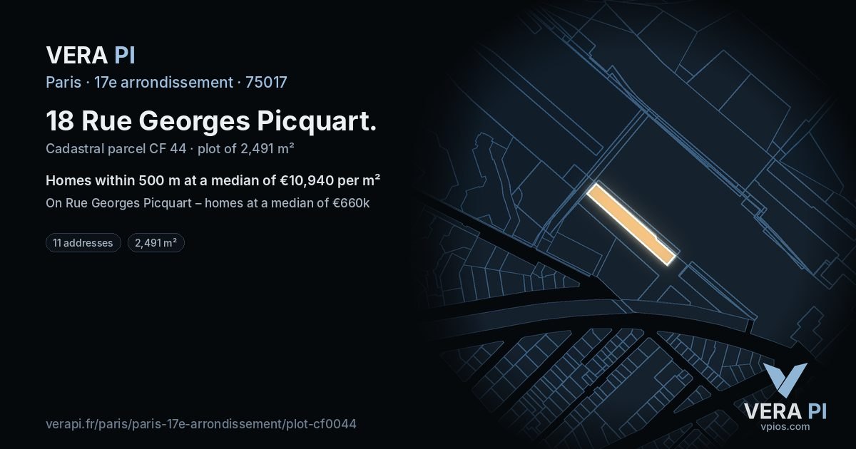 18 Rue Georges Picquart, 17e arrondissement at night – the plot lit, the parcels around coloured by the prices near them