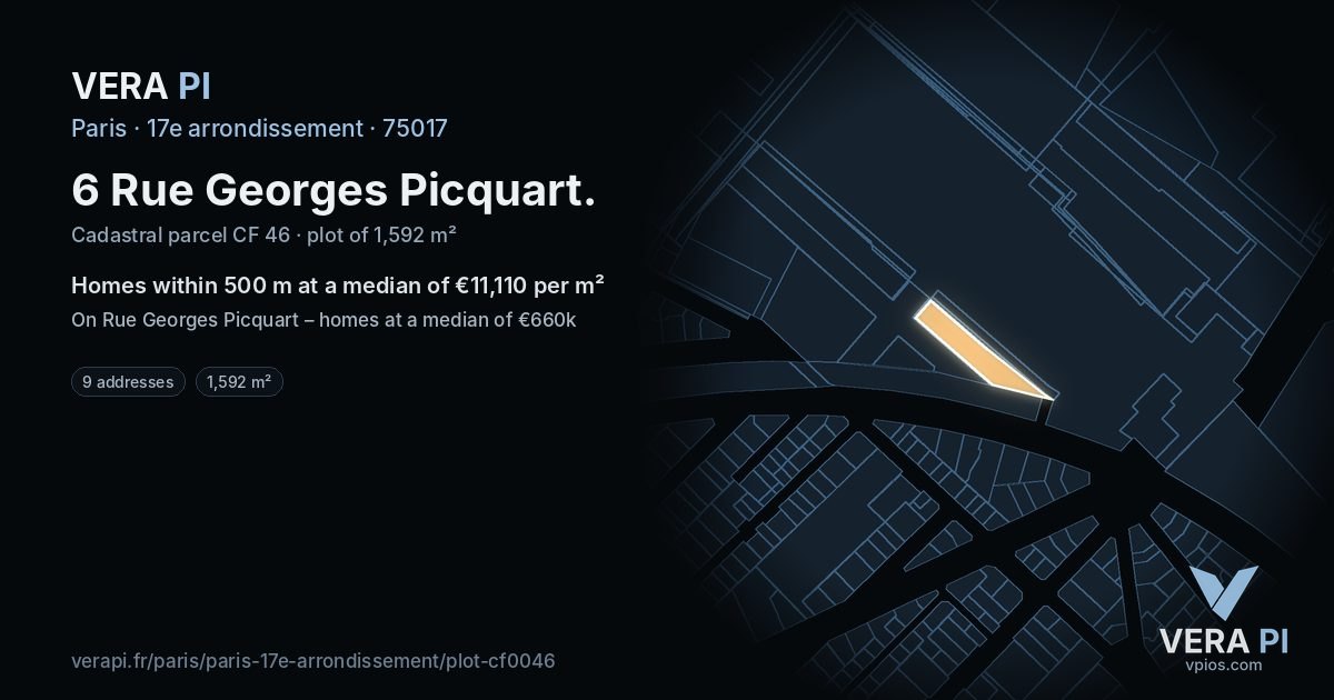6 Rue Georges Picquart, 17e arrondissement at night – the plot lit, the parcels around coloured by the prices near them