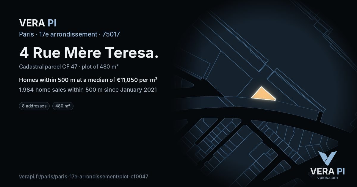 4 Rue Mère Teresa, 17e arrondissement at night – the plot lit, the parcels around coloured by the prices near them