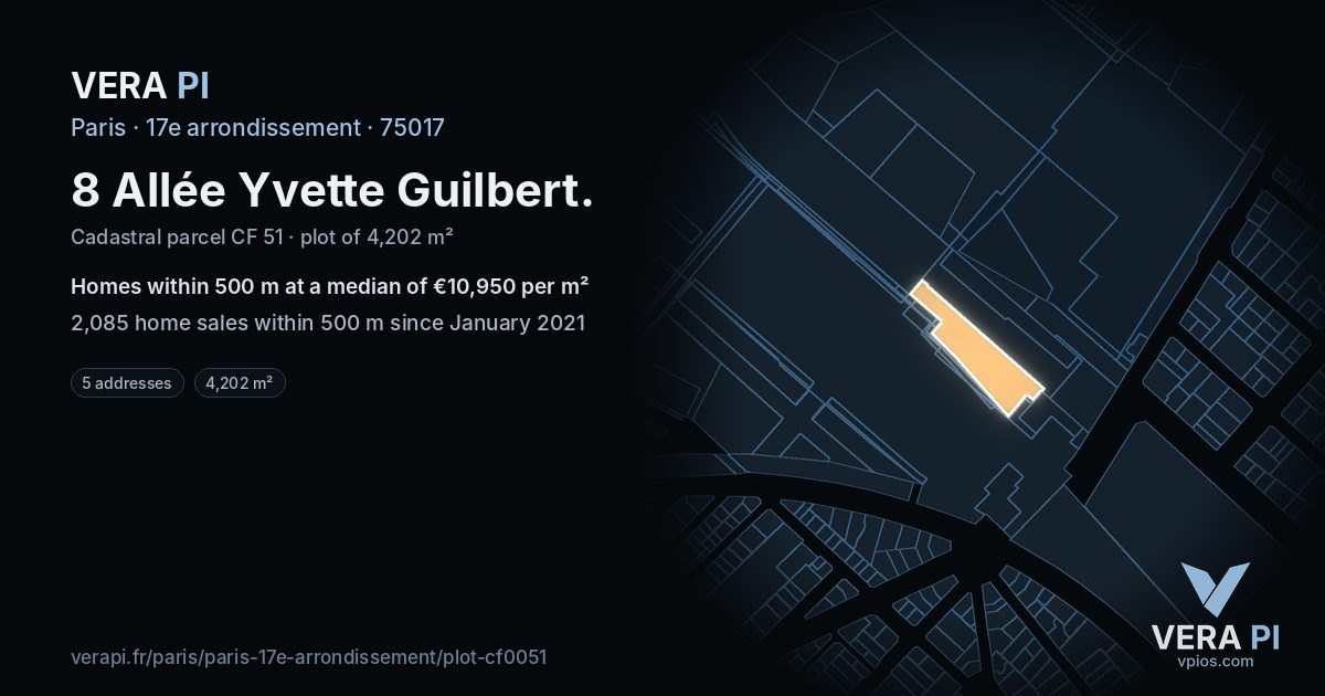 8 Allée Yvette Guilbert, 17e arrondissement at night – the plot lit, the parcels around coloured by the prices near them