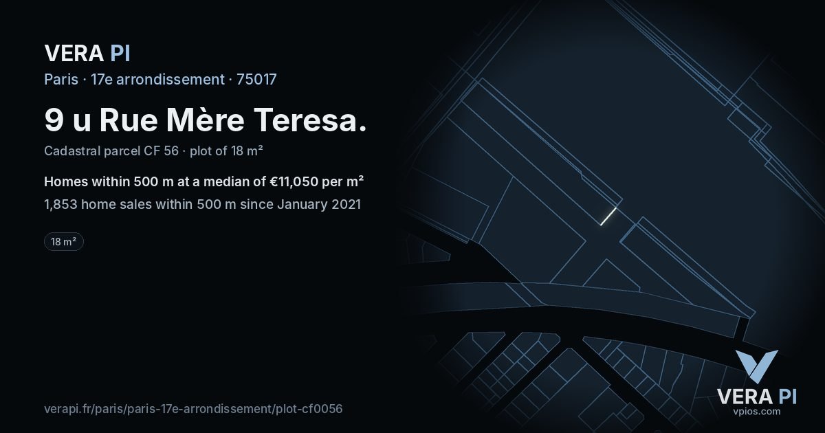 9 u Rue Mère Teresa, 17e arrondissement at night – the plot lit, the parcels around coloured by the prices near them