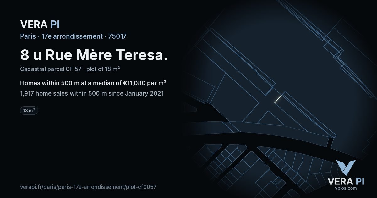 8 u Rue Mère Teresa, 17e arrondissement at night – the plot lit, the parcels around coloured by the prices near them