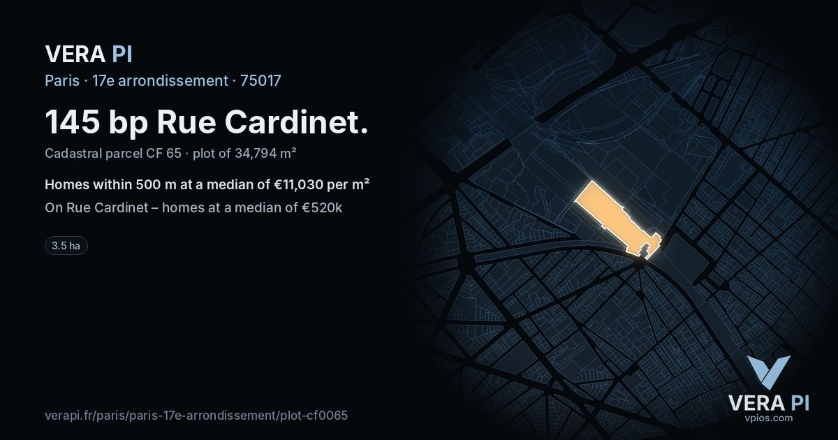 145 bp Rue Cardinet, 17e arrondissement at night – the plot lit, the parcels around coloured by the prices near them