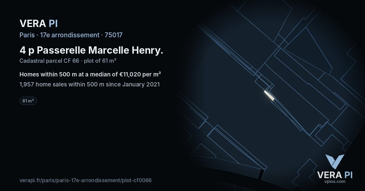 4 p Passerelle Marcelle Henry, 17e arrondissement at night – the plot lit, the parcels around coloured by the prices near them