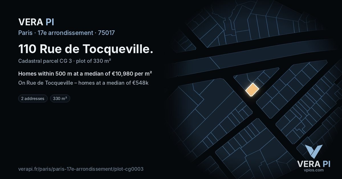 110 Rue de Tocqueville, 17e arrondissement at night – the plot lit, the parcels around coloured by the prices near them
