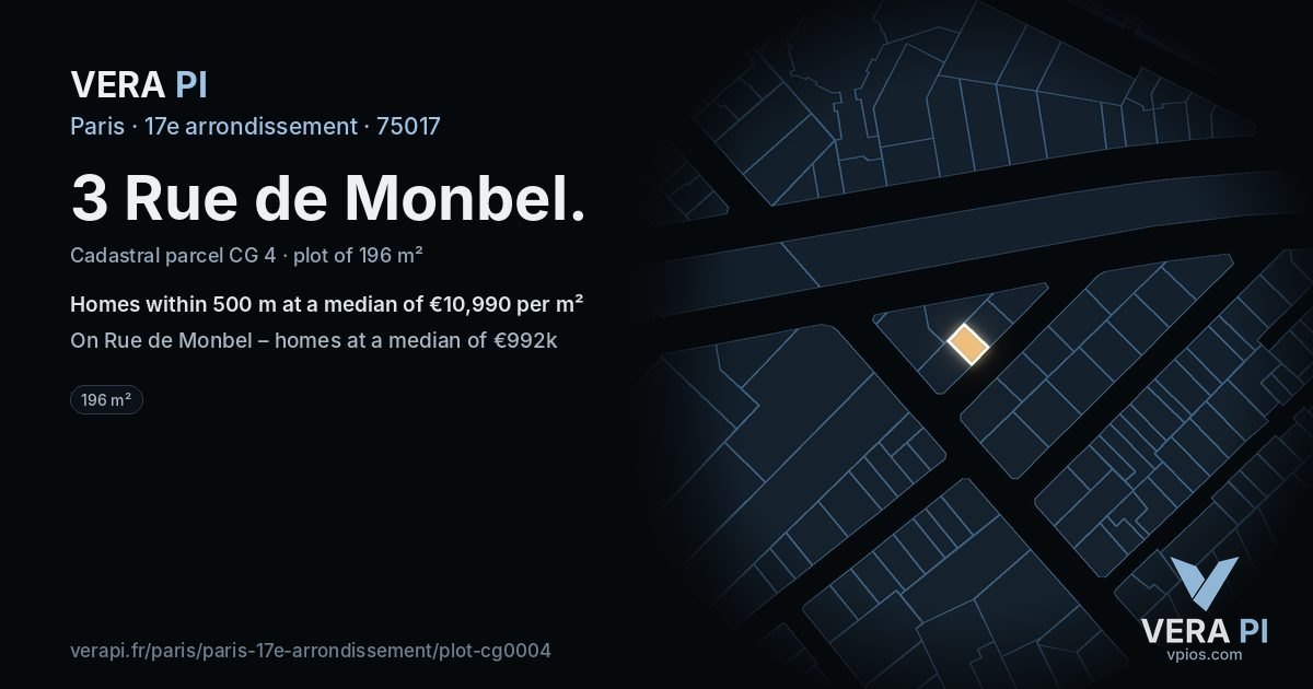 3 Rue de Monbel, 17e arrondissement at night – the plot lit, the parcels around coloured by the prices near them