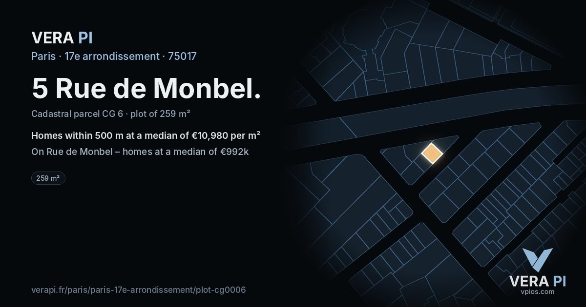 5 Rue de Monbel, 17e arrondissement at night – the plot lit, the parcels around coloured by the prices near them