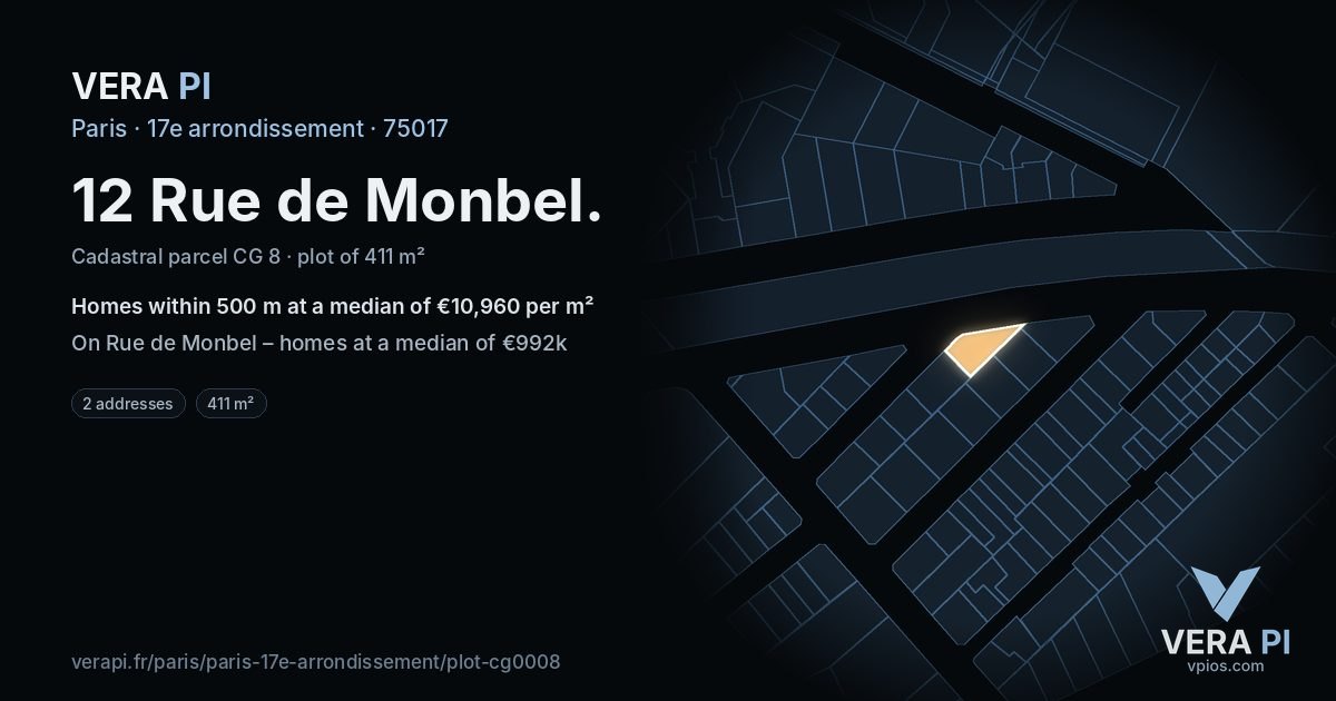 12 Rue de Monbel, 17e arrondissement at night – the plot lit, the parcels around coloured by the prices near them