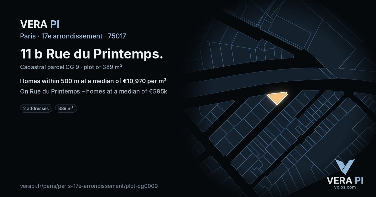11 b Rue du Printemps, 17e arrondissement at night – the plot lit, the parcels around coloured by the prices near them