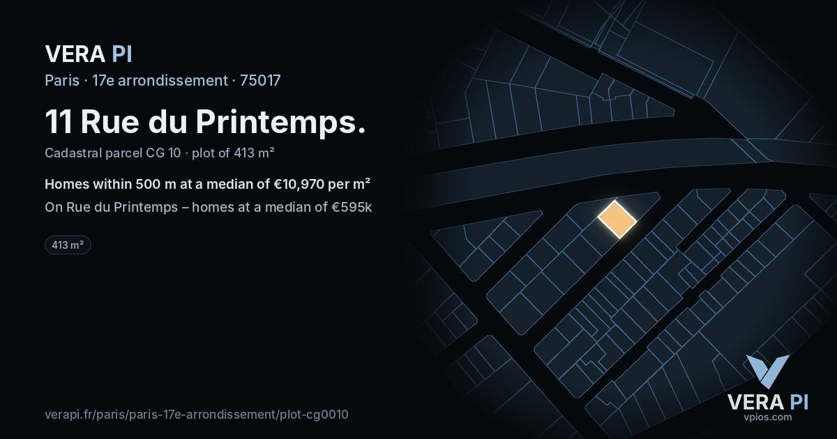 11 Rue du Printemps, 17e arrondissement at night – the plot lit, the parcels around coloured by the prices near them