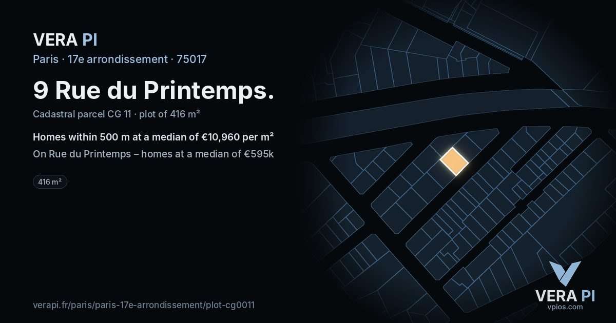 9 Rue du Printemps, 17e arrondissement at night – the plot lit, the parcels around coloured by the prices near them