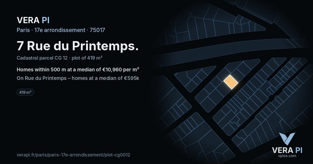 7 Rue du Printemps, 17e arrondissement at night – the plot lit, the parcels around coloured by the prices near them