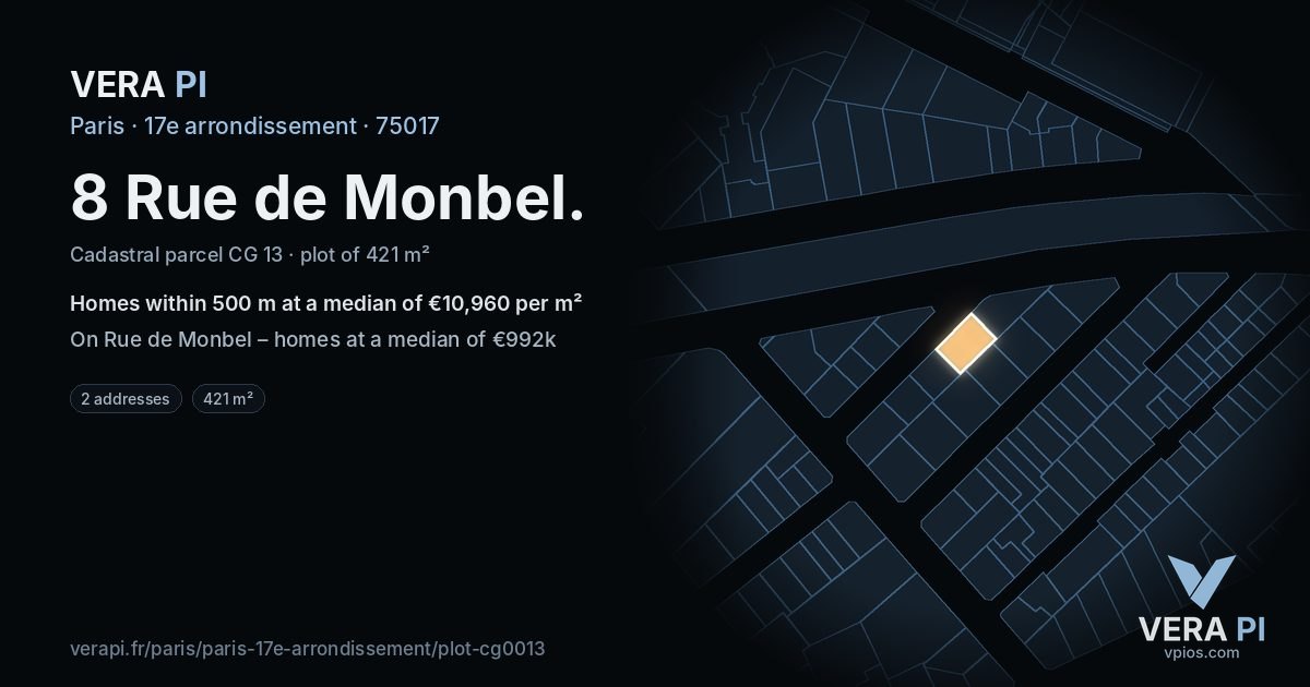8 Rue de Monbel, 17e arrondissement at night – the plot lit, the parcels around coloured by the prices near them