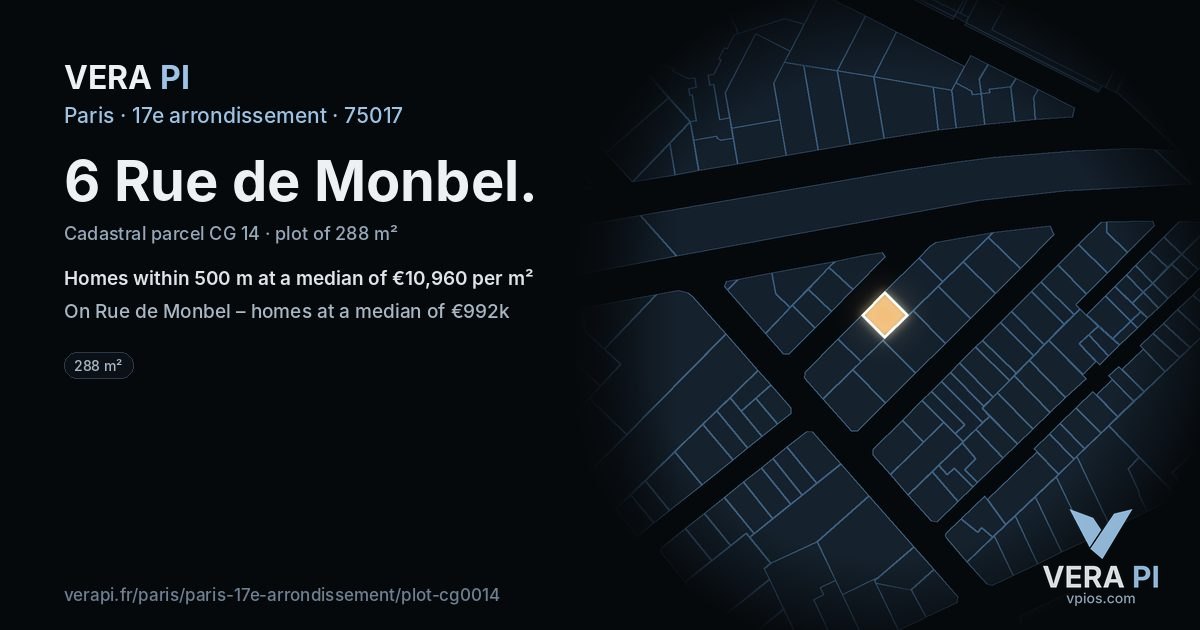 6 Rue de Monbel, 17e arrondissement at night – the plot lit, the parcels around coloured by the prices near them