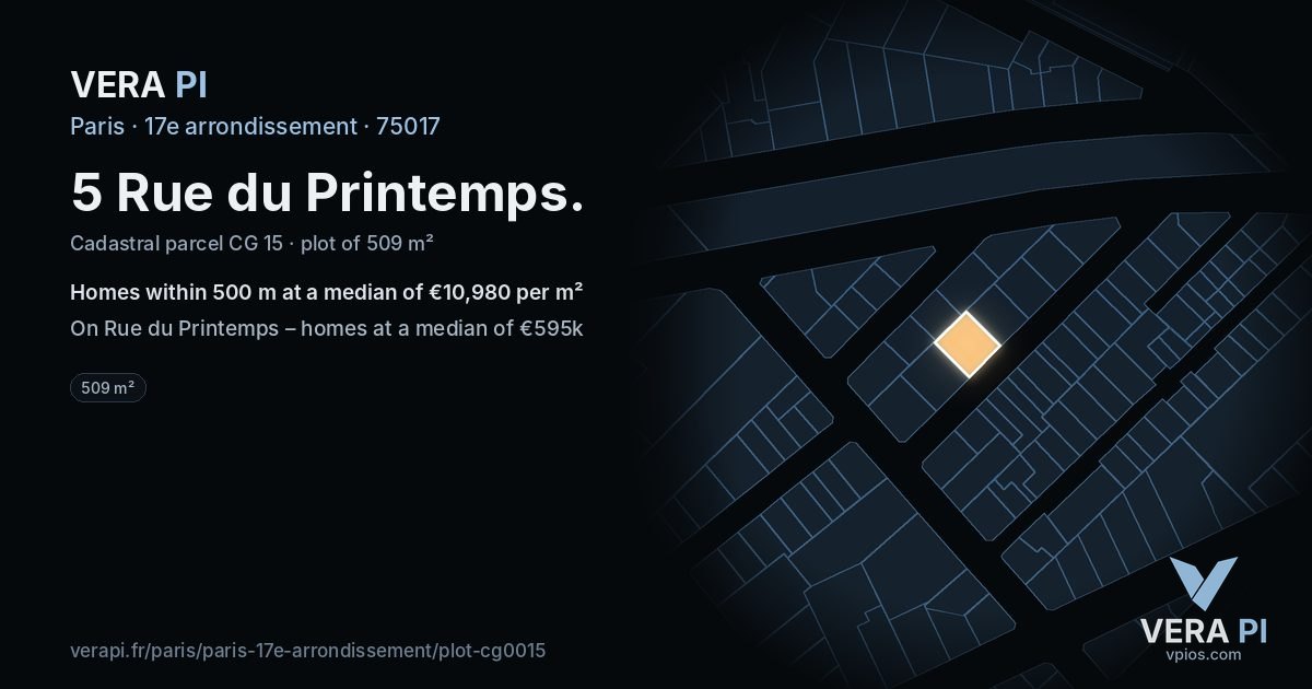 5 Rue du Printemps, 17e arrondissement at night – the plot lit, the parcels around coloured by the prices near them