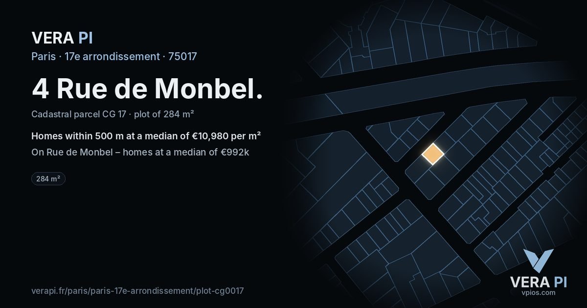 4 Rue de Monbel, 17e arrondissement at night – the plot lit, the parcels around coloured by the prices near them
