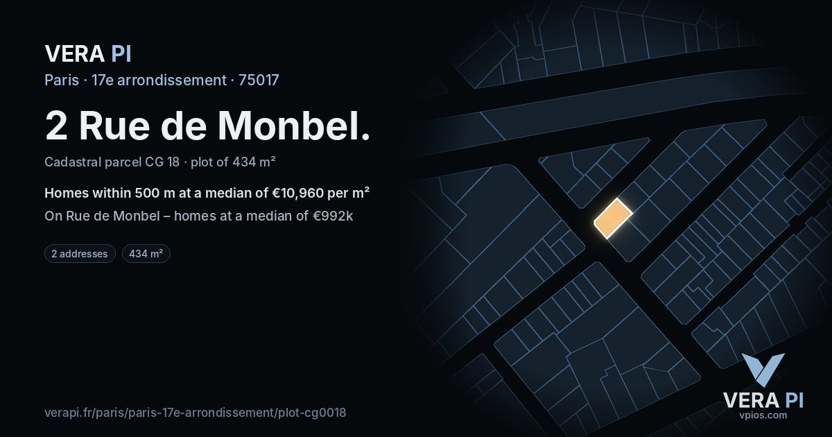 2 Rue de Monbel, 17e arrondissement at night – the plot lit, the parcels around coloured by the prices near them