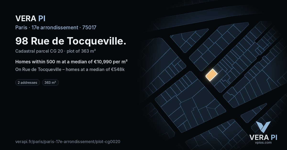 98 Rue de Tocqueville, 17e arrondissement at night – the plot lit, the parcels around coloured by the prices near them