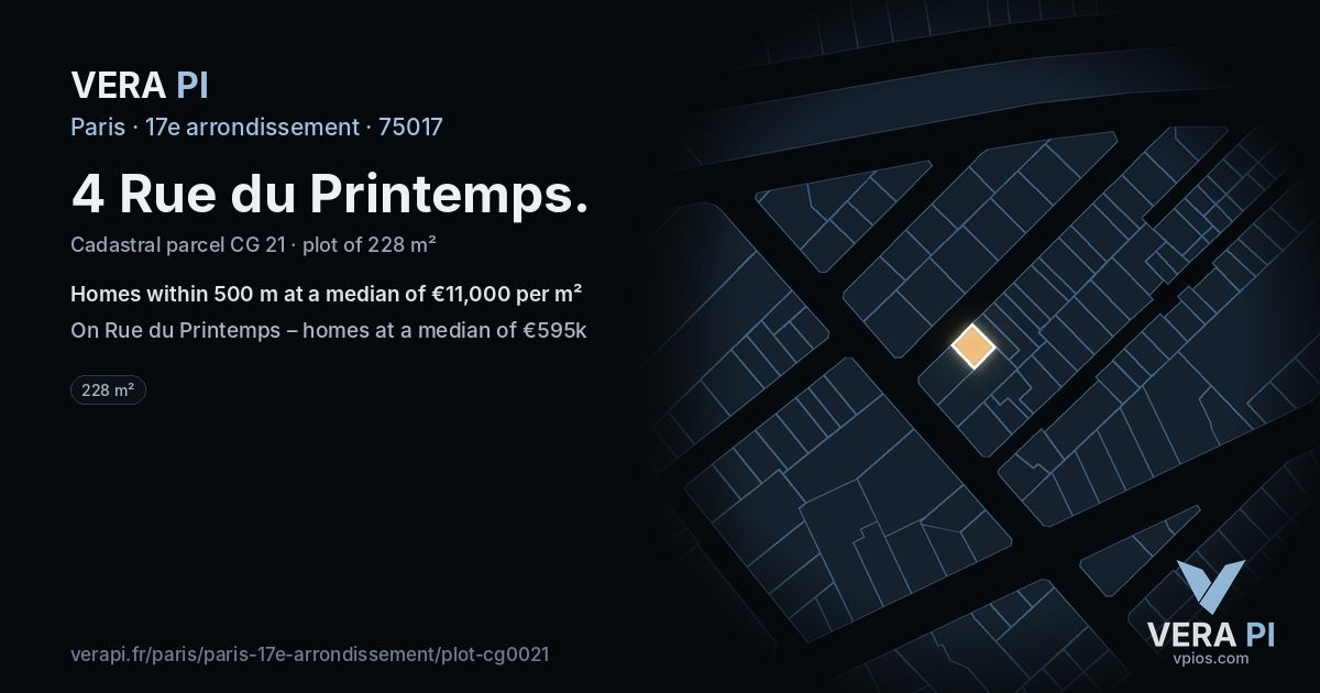 4 Rue du Printemps, 17e arrondissement at night – the plot lit, the parcels around coloured by the prices near them