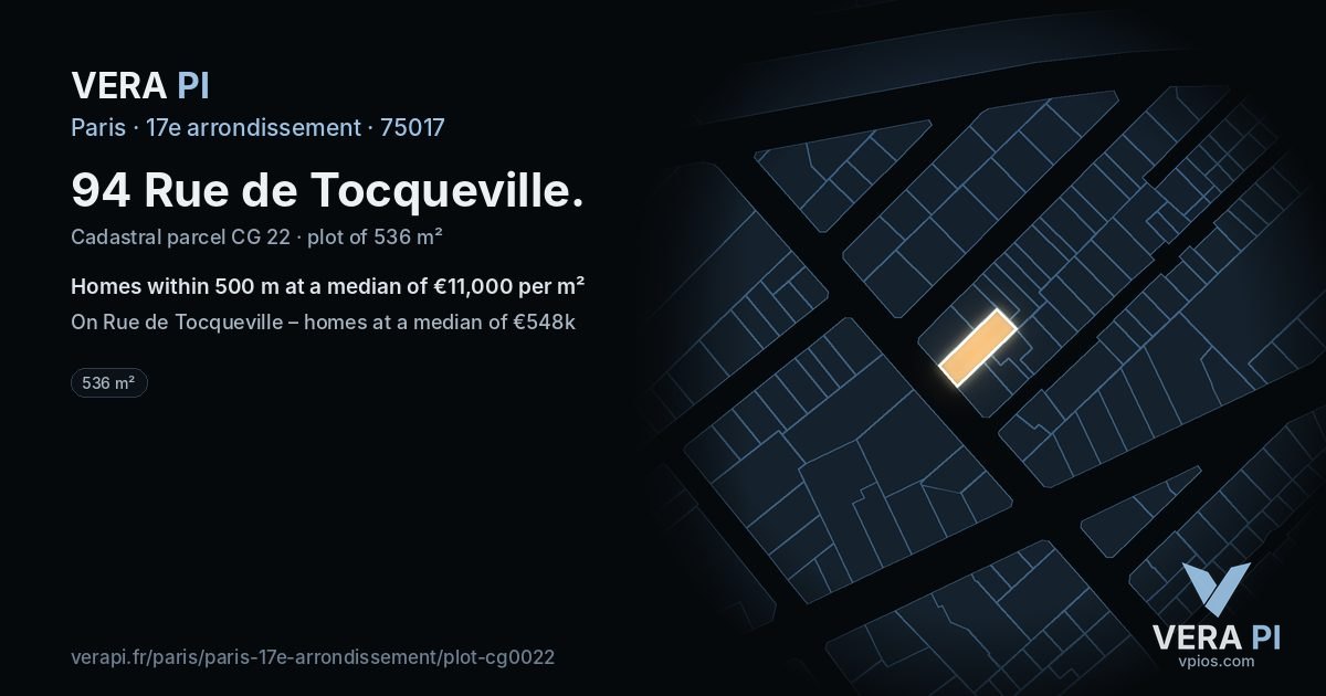 94 Rue de Tocqueville, 17e arrondissement at night – the plot lit, the parcels around coloured by the prices near them