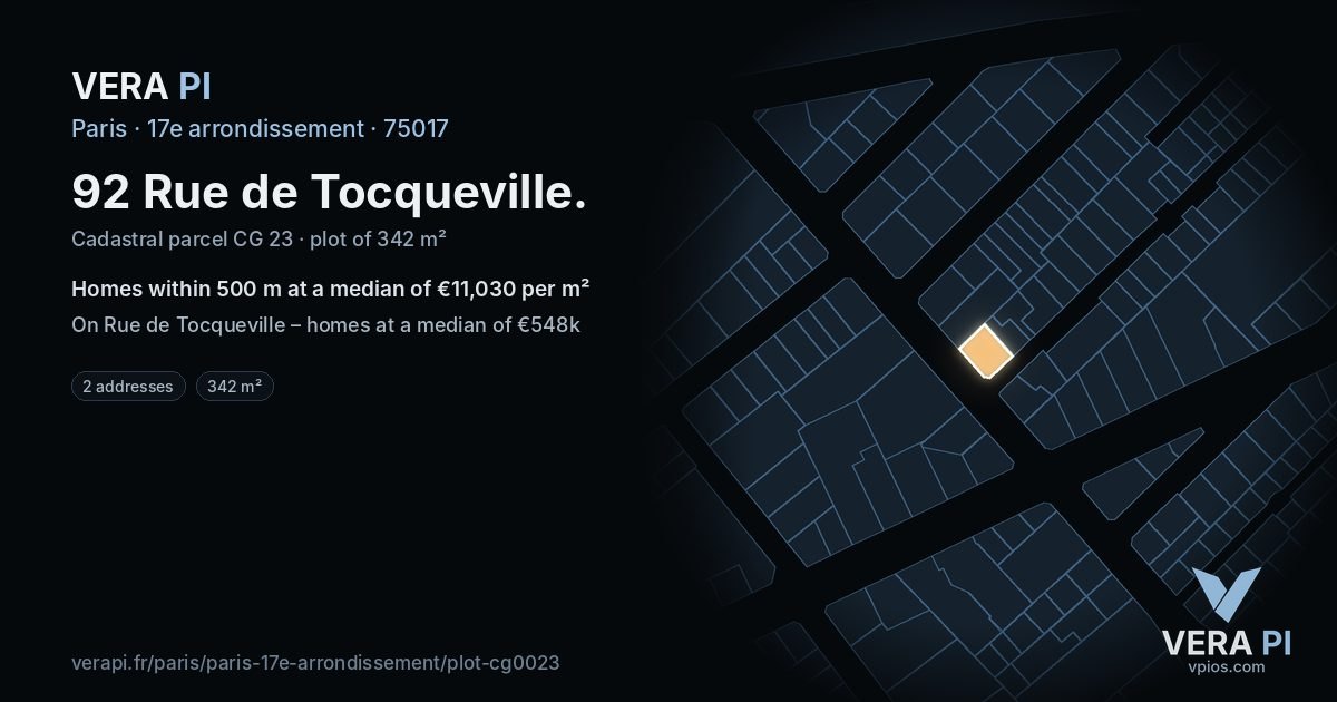 92 Rue de Tocqueville, 17e arrondissement at night – the plot lit, the parcels around coloured by the prices near them