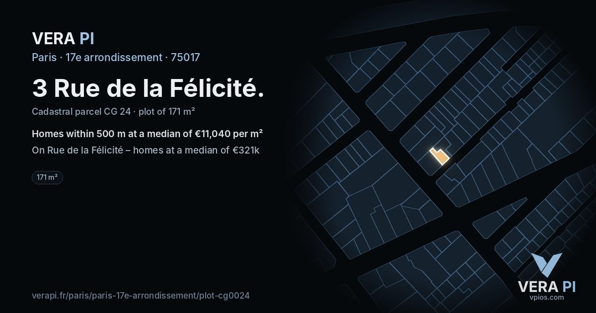 3 Rue de la Félicité, 17e arrondissement at night – the plot lit, the parcels around coloured by the prices near them