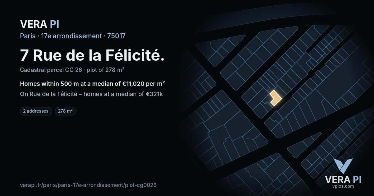 7 Rue de la Félicité, 17e arrondissement at night – the plot lit, the parcels around coloured by the prices near them