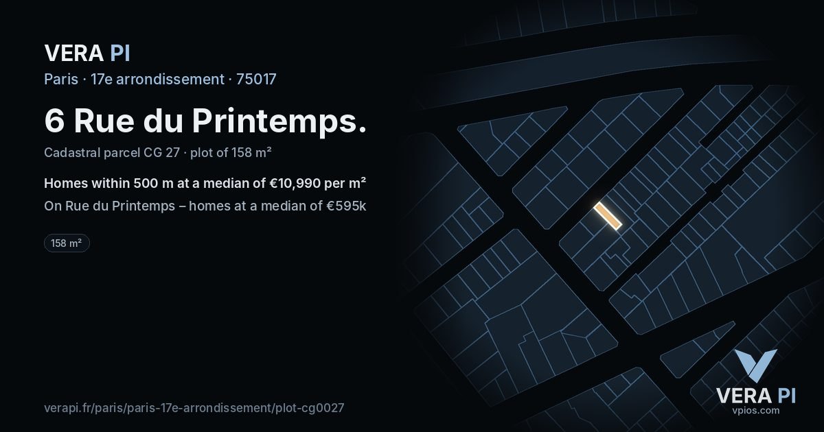 6 Rue du Printemps, 17e arrondissement at night – the plot lit, the parcels around coloured by the prices near them