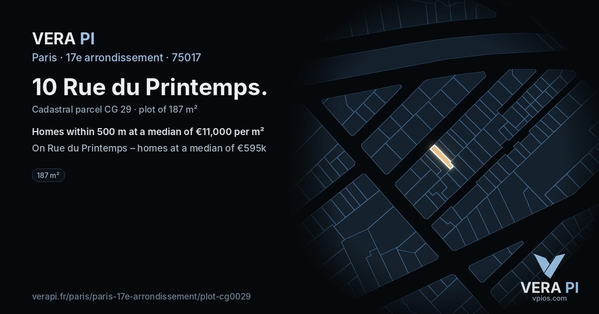 10 Rue du Printemps, 17e arrondissement at night – the plot lit, the parcels around coloured by the prices near them