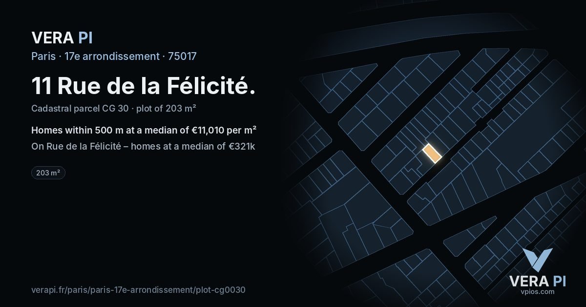 11 Rue de la Félicité, 17e arrondissement at night – the plot lit, the parcels around coloured by the prices near them