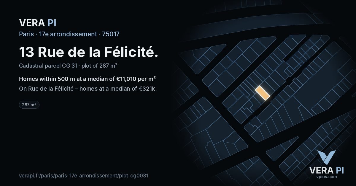 13 Rue de la Félicité, 17e arrondissement at night – the plot lit, the parcels around coloured by the prices near them