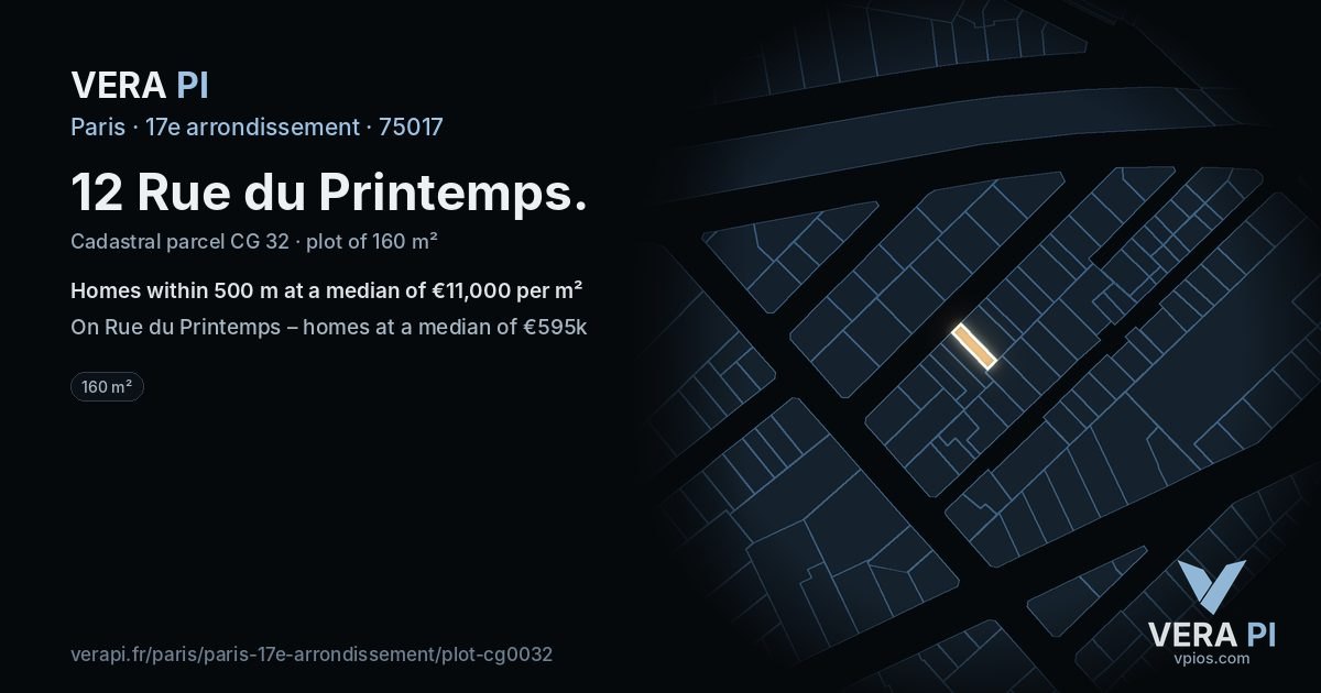 12 Rue du Printemps, 17e arrondissement at night – the plot lit, the parcels around coloured by the prices near them