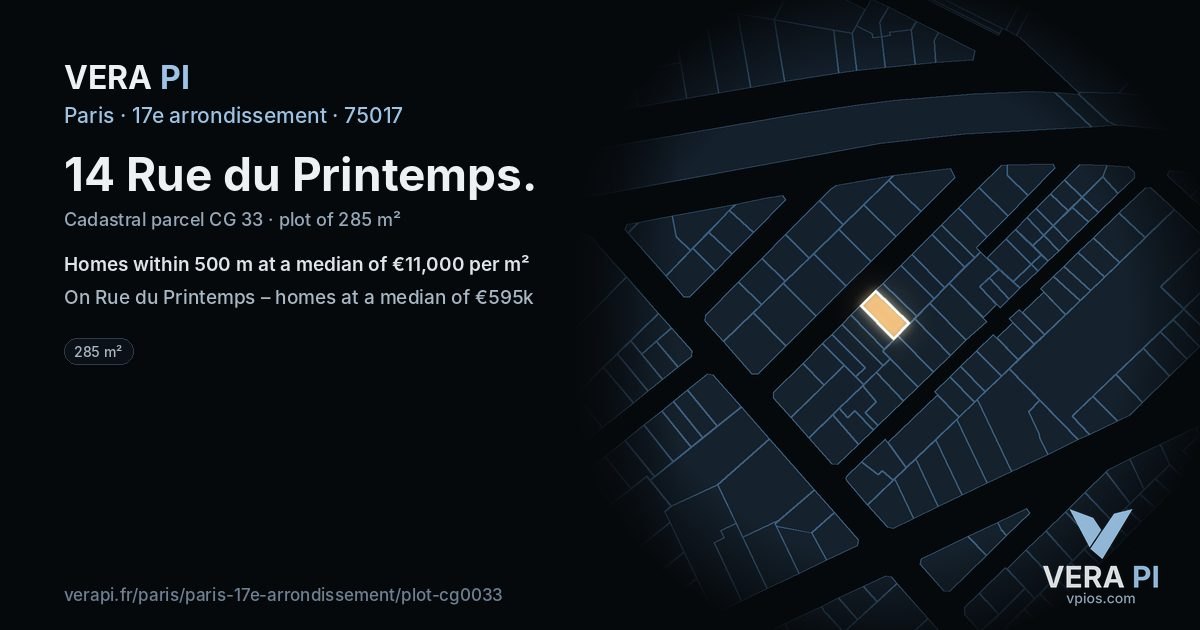 14 Rue du Printemps, 17e arrondissement at night – the plot lit, the parcels around coloured by the prices near them