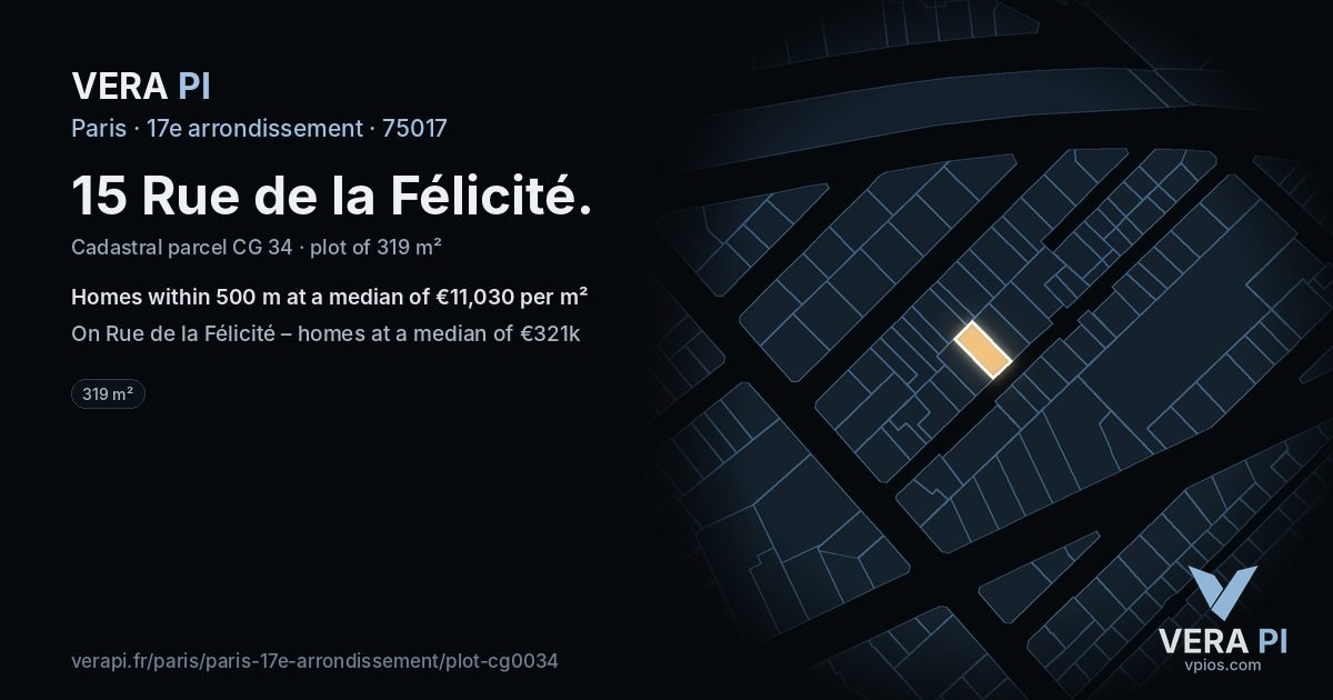 15 Rue de la Félicité, 17e arrondissement at night – the plot lit, the parcels around coloured by the prices near them