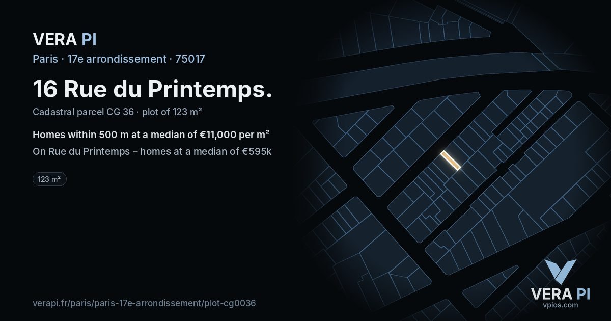 16 Rue du Printemps, 17e arrondissement at night – the plot lit, the parcels around coloured by the prices near them