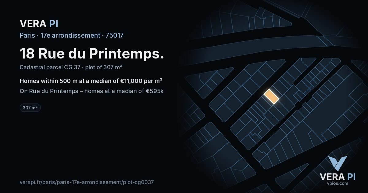 18 Rue du Printemps, 17e arrondissement at night – the plot lit, the parcels around coloured by the prices near them