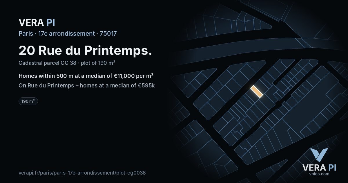 20 Rue du Printemps, 17e arrondissement at night – the plot lit, the parcels around coloured by the prices near them