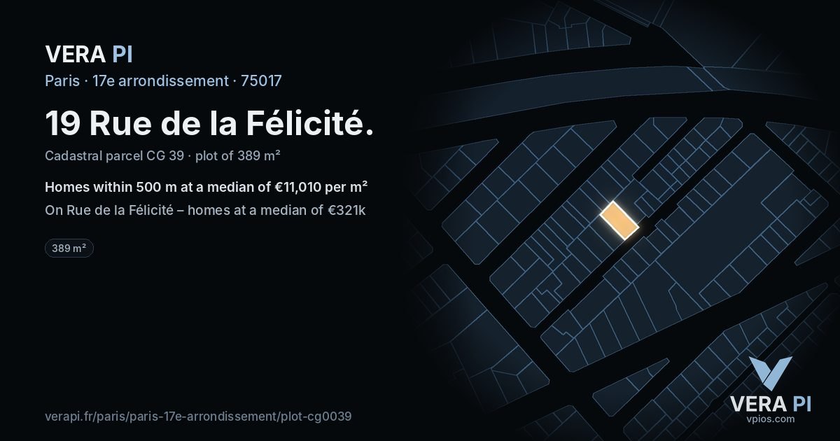 19 Rue de la Félicité, 17e arrondissement at night – the plot lit, the parcels around coloured by the prices near them