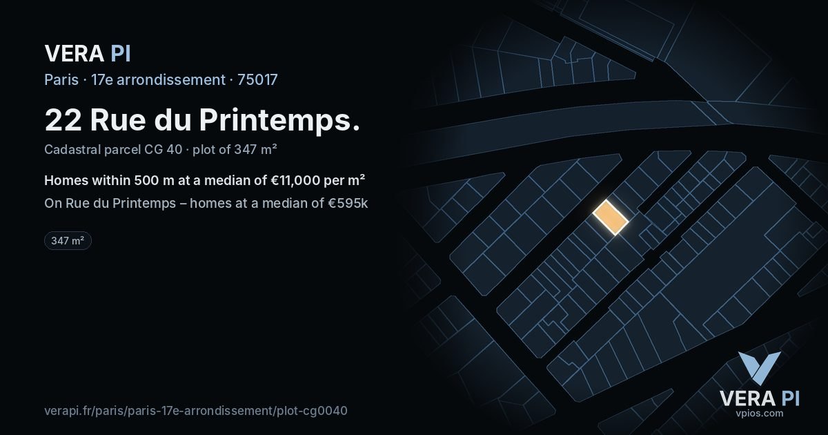 22 Rue du Printemps, 17e arrondissement at night – the plot lit, the parcels around coloured by the prices near them