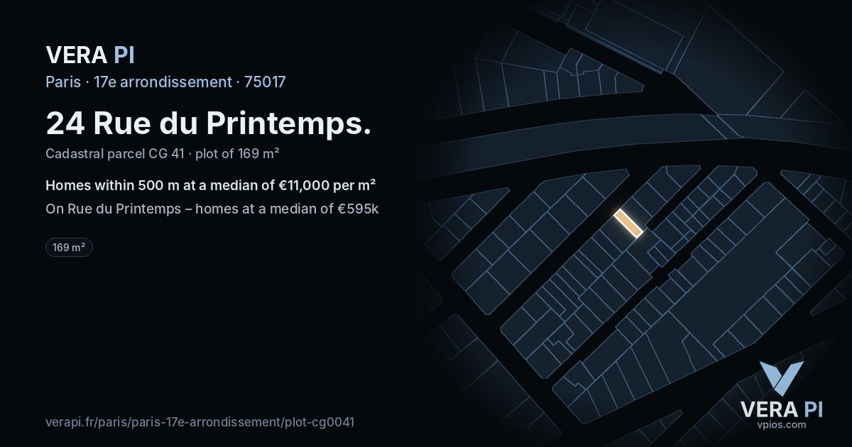 24 Rue du Printemps, 17e arrondissement at night – the plot lit, the parcels around coloured by the prices near them